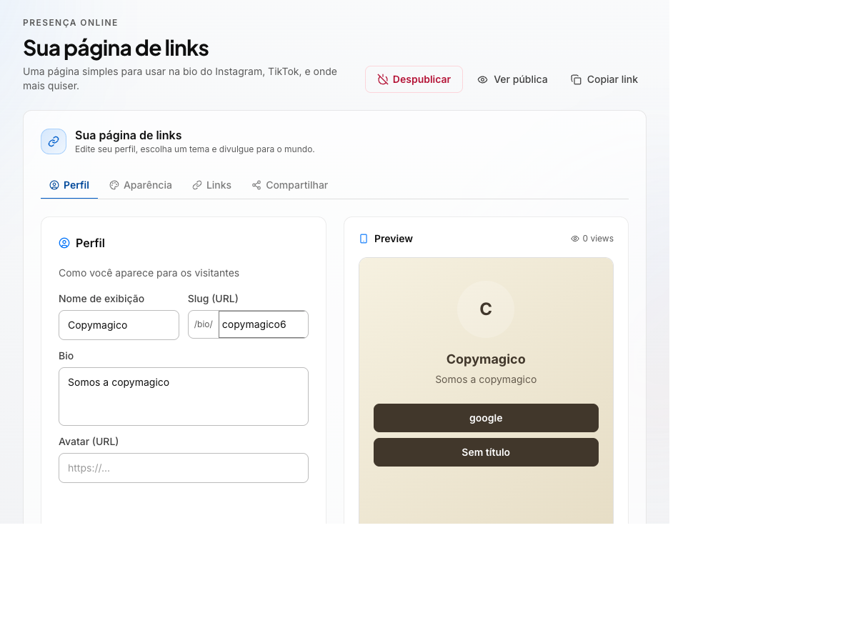 Bio Link na plataforma Copymagico