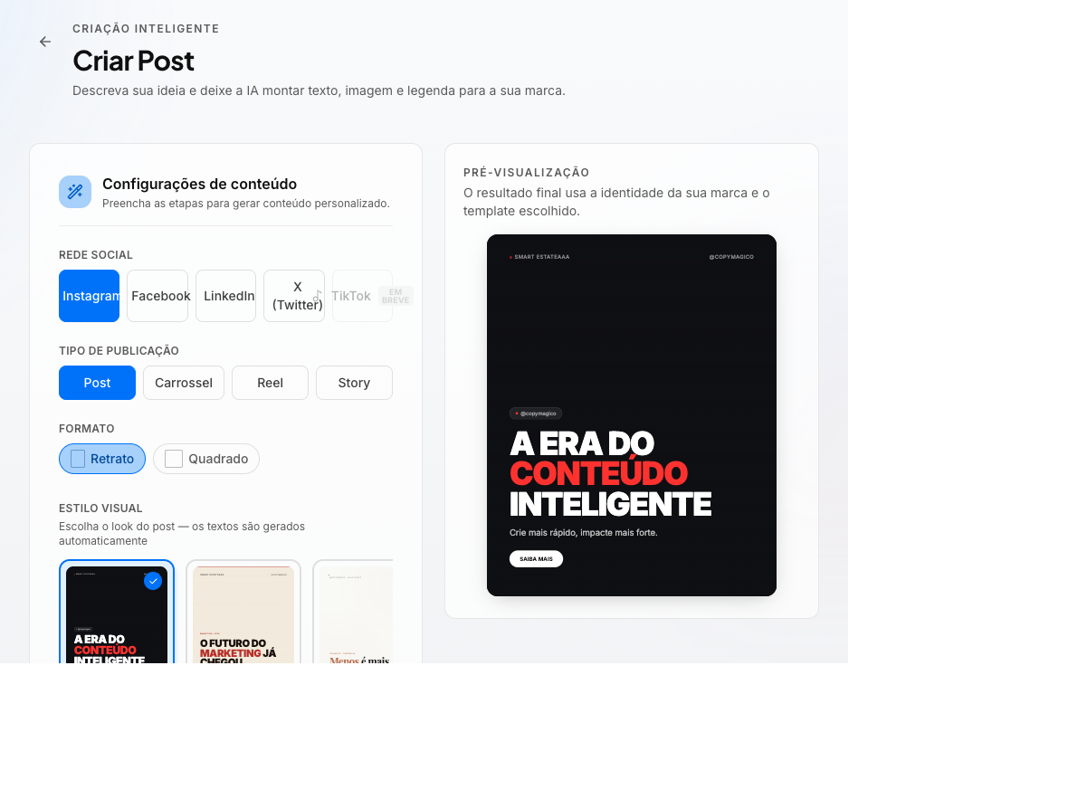 Posts com IA na plataforma Copymagico